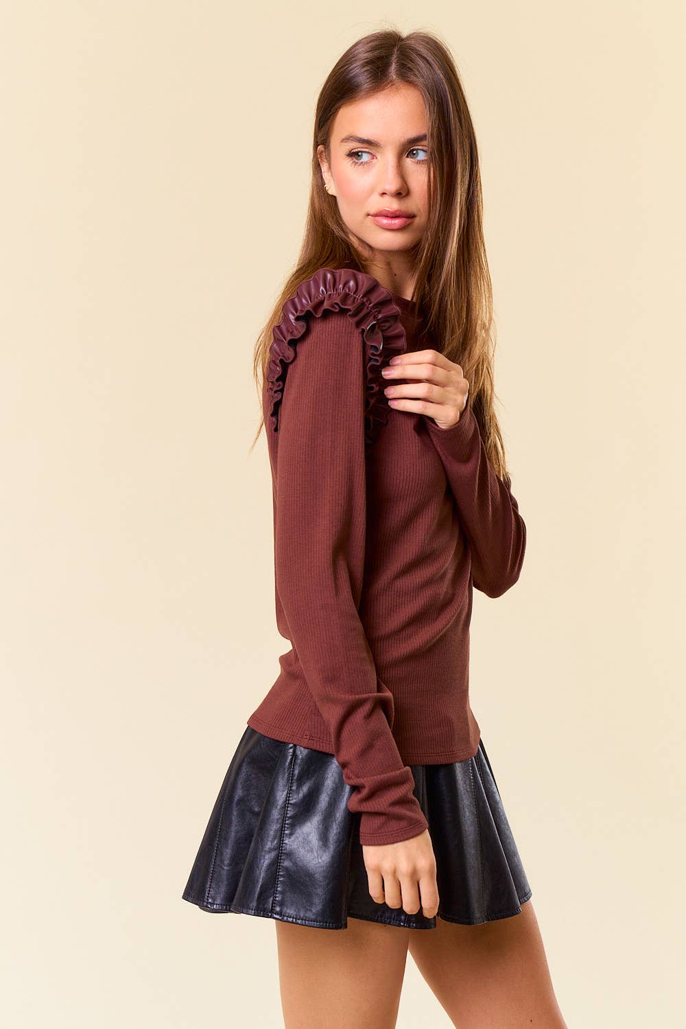 Round Neck Ruffle Shoulder Long Sleeve Top