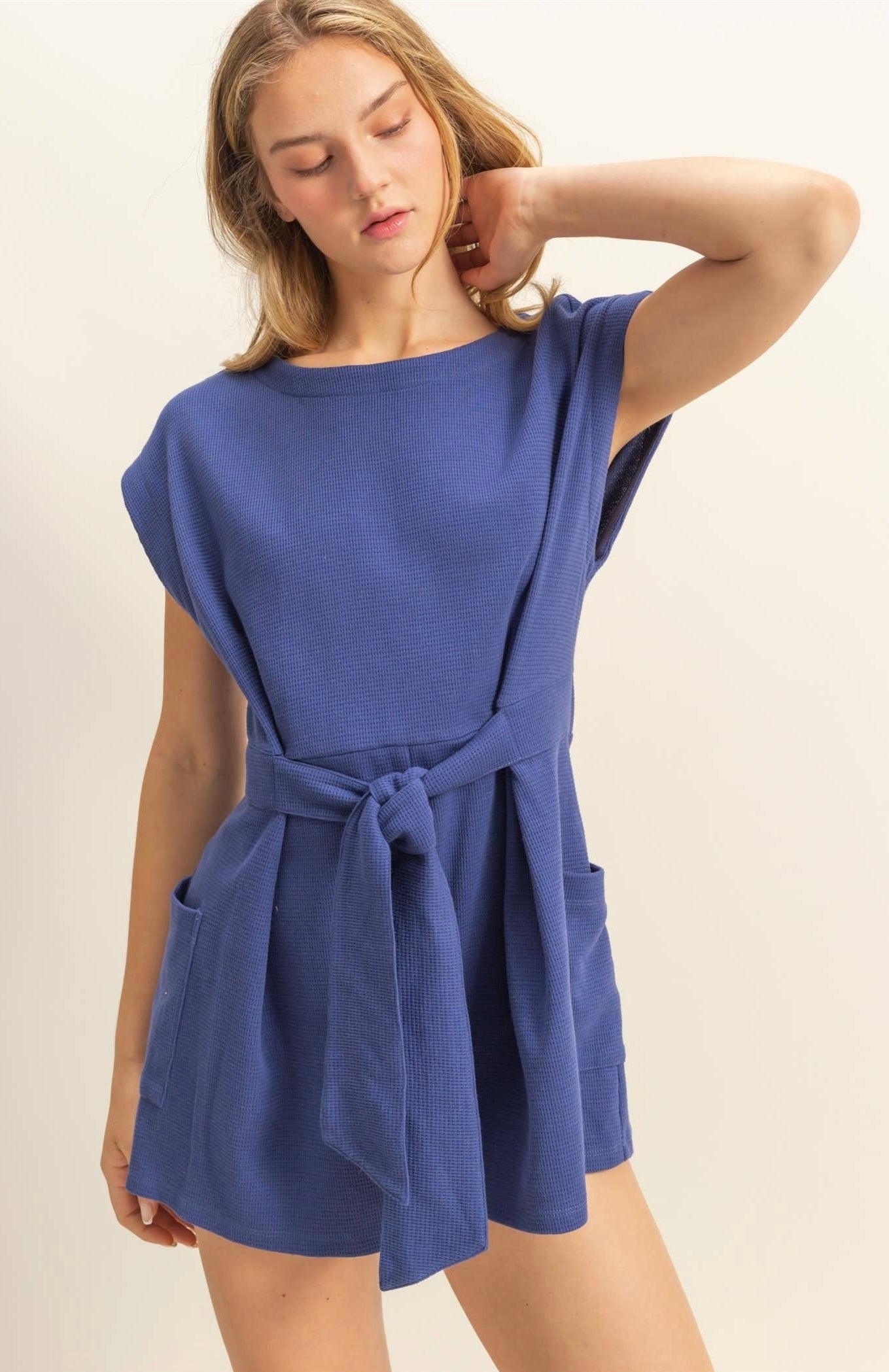Tie-Front Waffle Knitted Romper