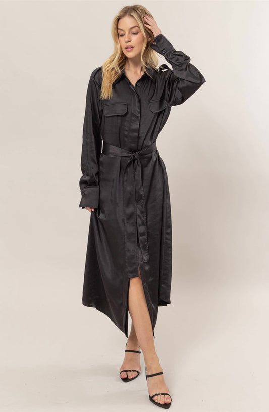 Black Satin Belted Midi Dress