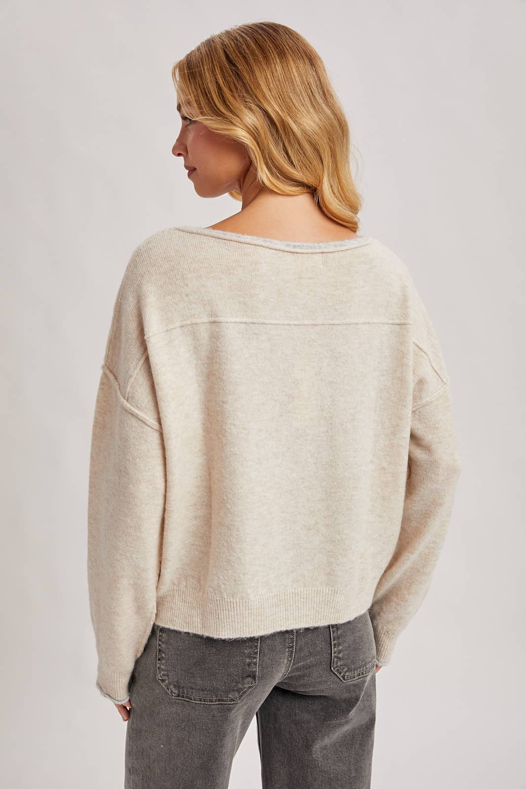 Oatmeal Boat Neck Rolled Trim Heathered Sweater
