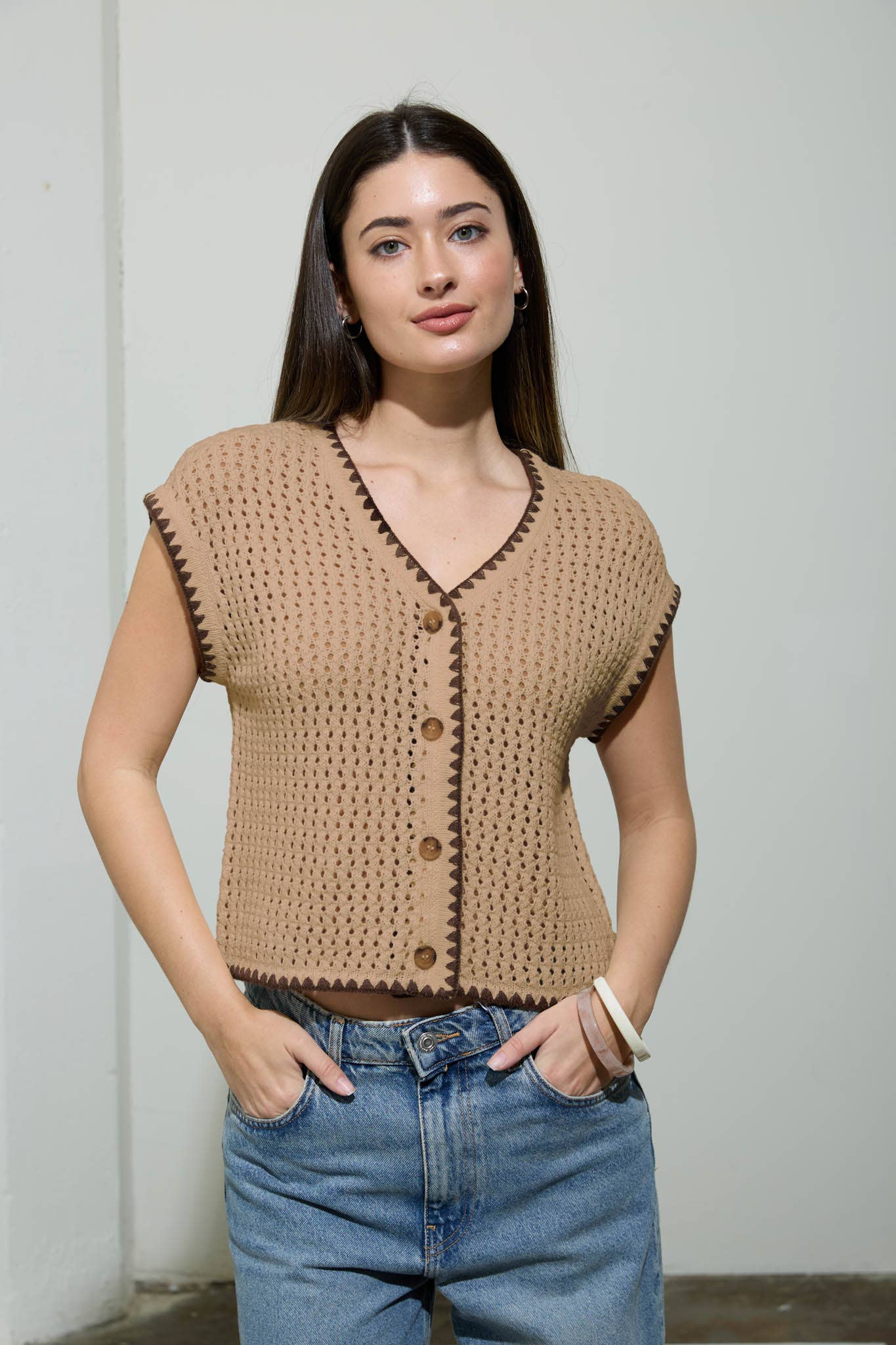 CONTRAST STITCH CROCHET KNIT SHORT SLEEVE CARDIGAN