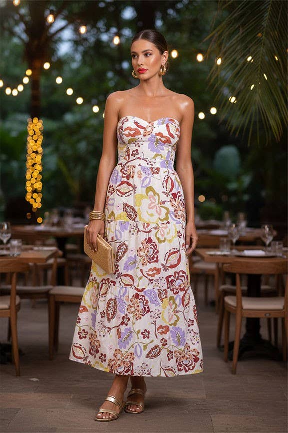 Strapless Floral Print Maxi Dress