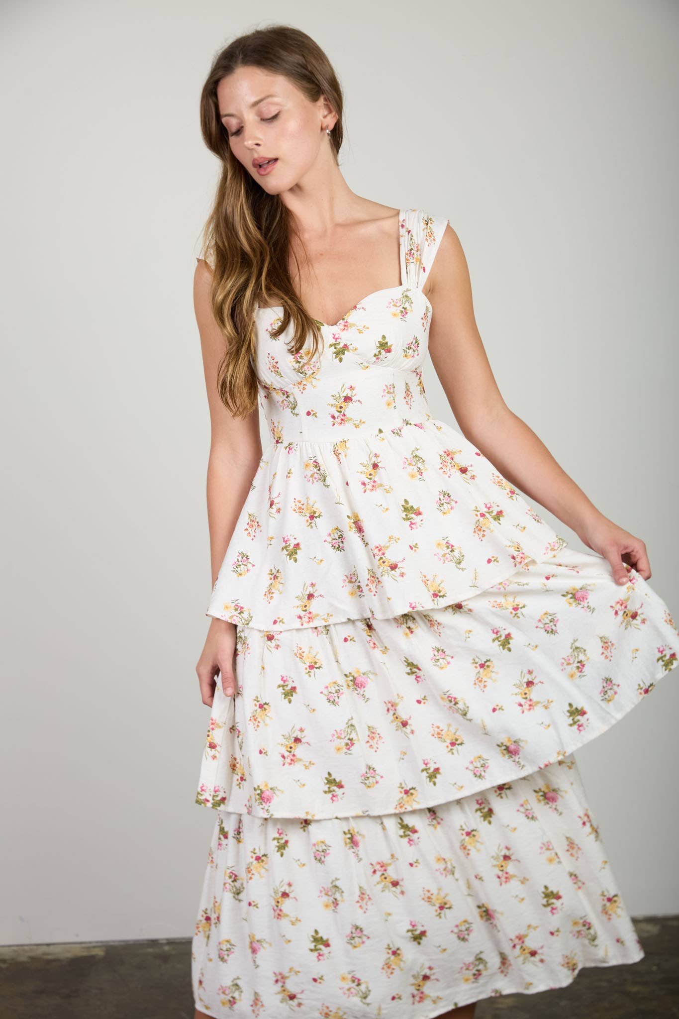 Cream Floral Ruffle Tiered Midi Dress