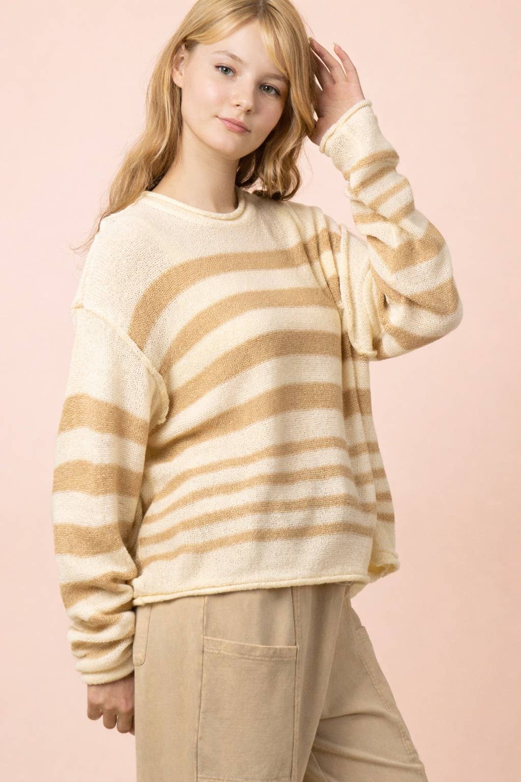 Taupe Striped Oversized Knit Summer Sweater Top
