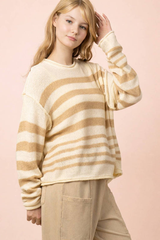 Taupe Striped Oversized Knit Summer Sweater Top