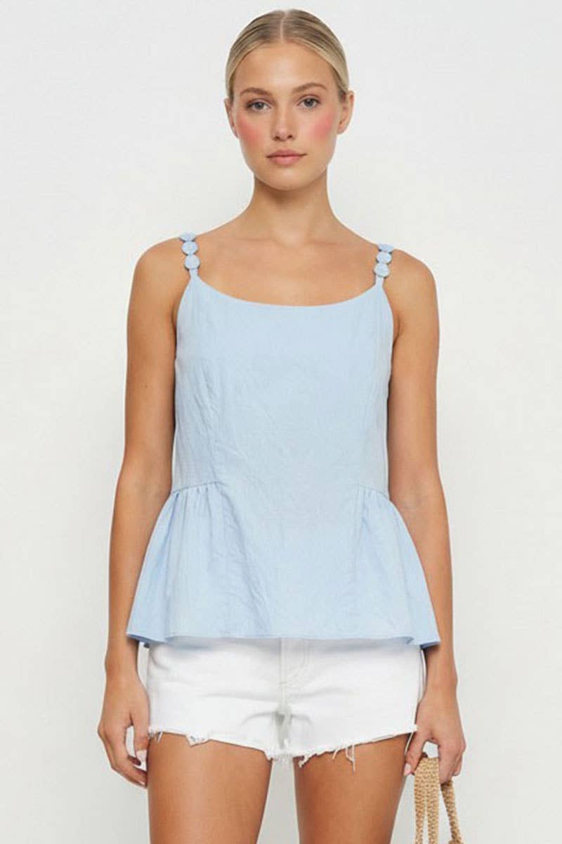 Light Blue Button Detail Ruffle Tank
