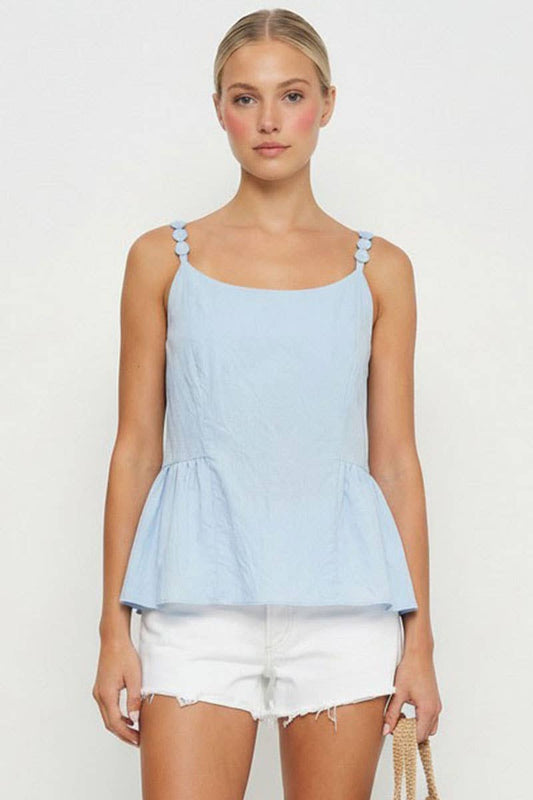 Light Blue Button Detail Ruffle Tank