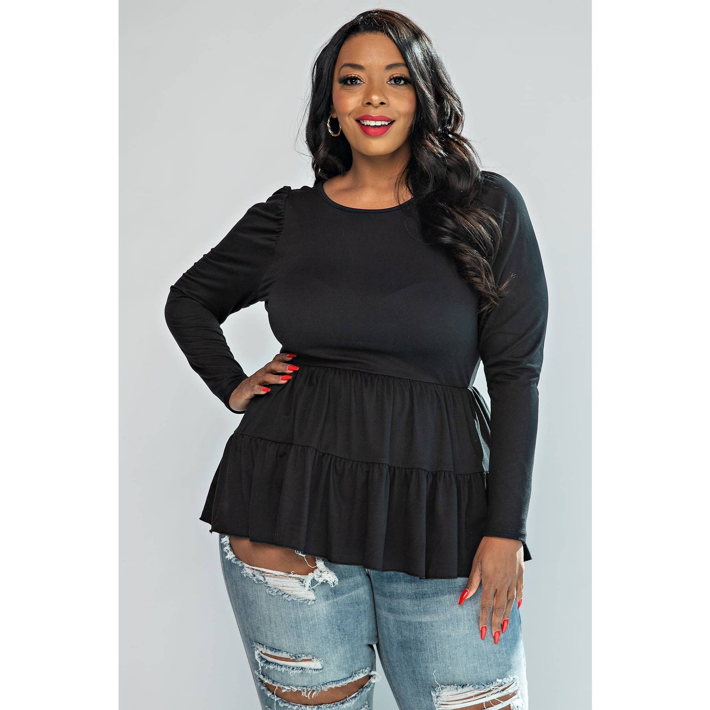 PLUS SIZE LONG PUFF SLEEVES TIERED TOP