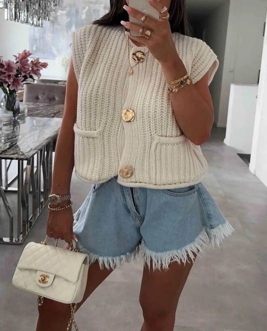 Beige Sleeveless Chunky Knit Vest