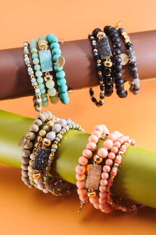 DRUZY WOOD BEAD 4 ROW STRETCH BRACELET SET