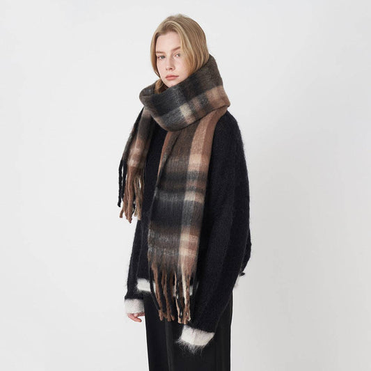 Brown Plaid Tassel Mohair Scarve