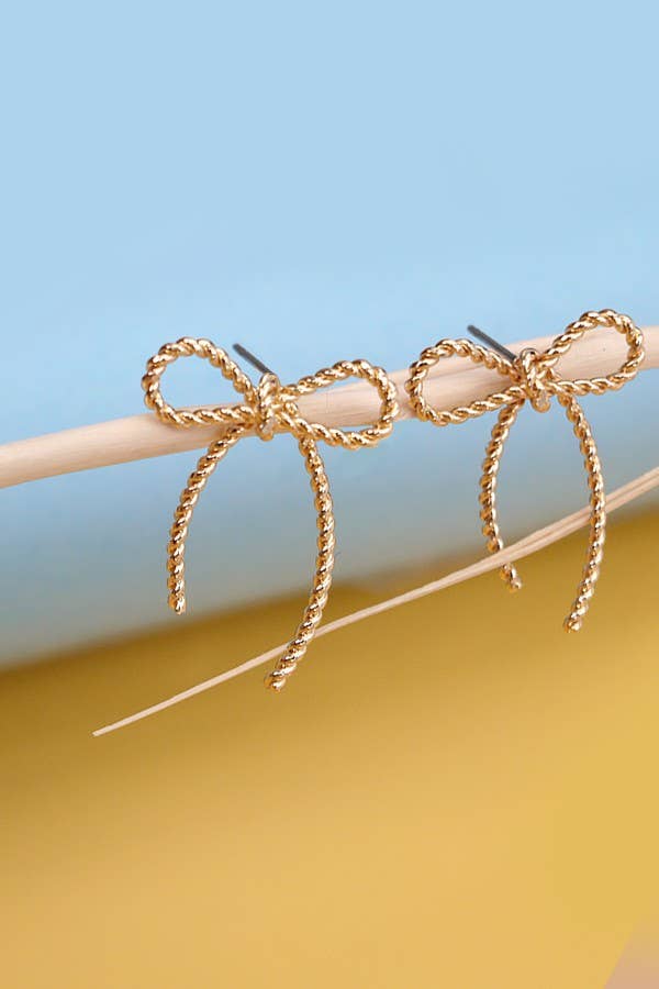 Gold Rope Design Bow Stud Earrings