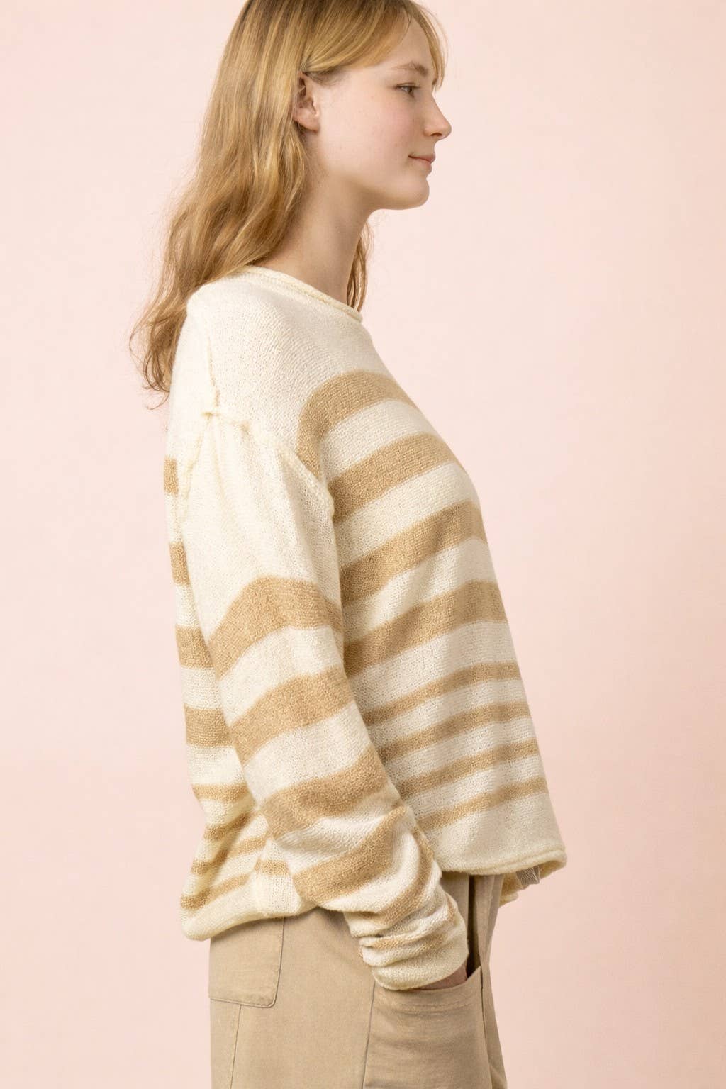 Taupe Striped Oversized Knit Summer Sweater Top