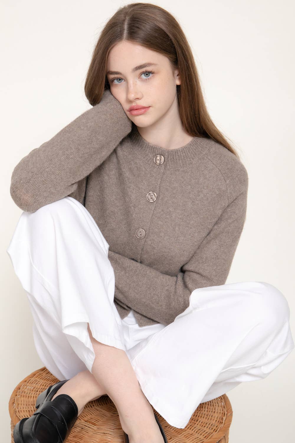Taupe Round Neck Button Down Cardigan