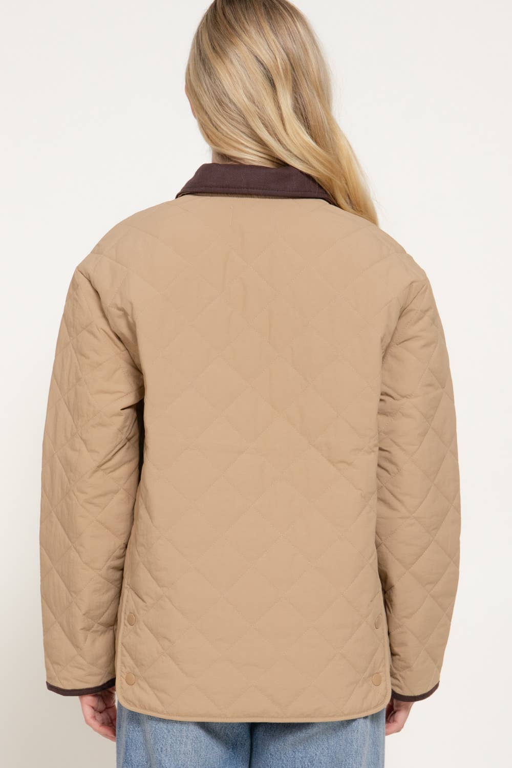 Dark Beige Lapel Collar Quilted Puffer Jacket