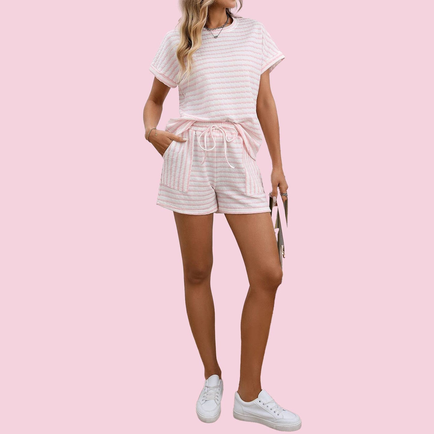 Stripe Knitted Short Sleeve Top and Drawstring Shorts Set