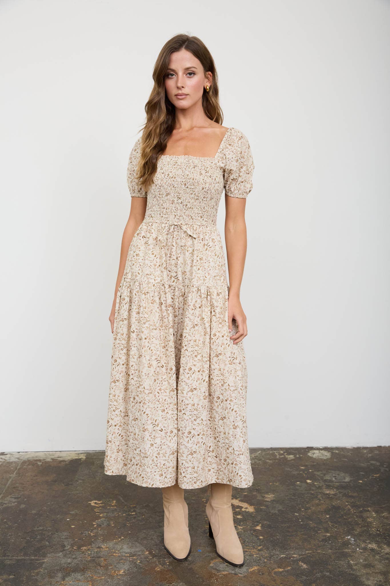 Light Khaki Floral Smocked Puff Sleeve Midi Dress