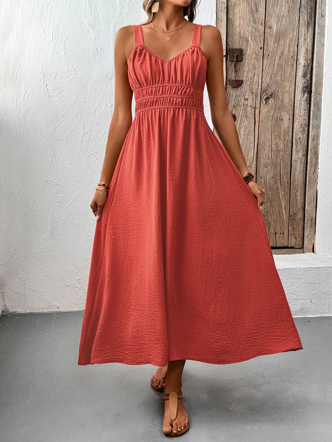Rust Red Ruched Smocked Waist Maxi Dress