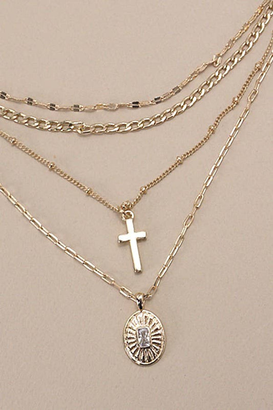 MULTI LAYER CROSS OVAL CHARM NECKLACE