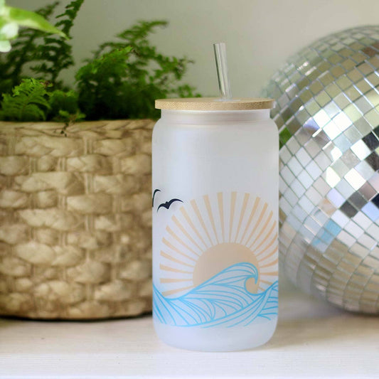 Summer Waves Glass Can Cup + Lid/Straw