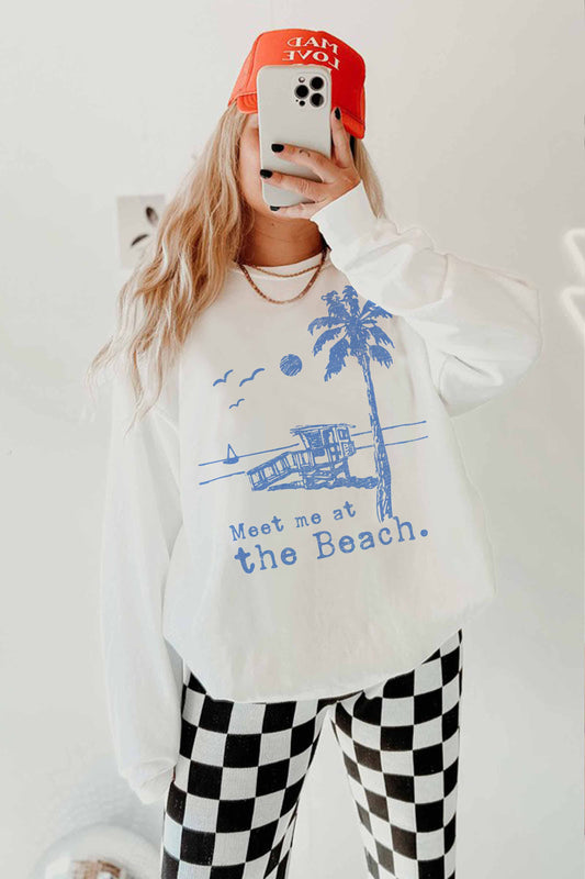 Meet Me At The Beach White Oversized Crewneck Sweatshirt