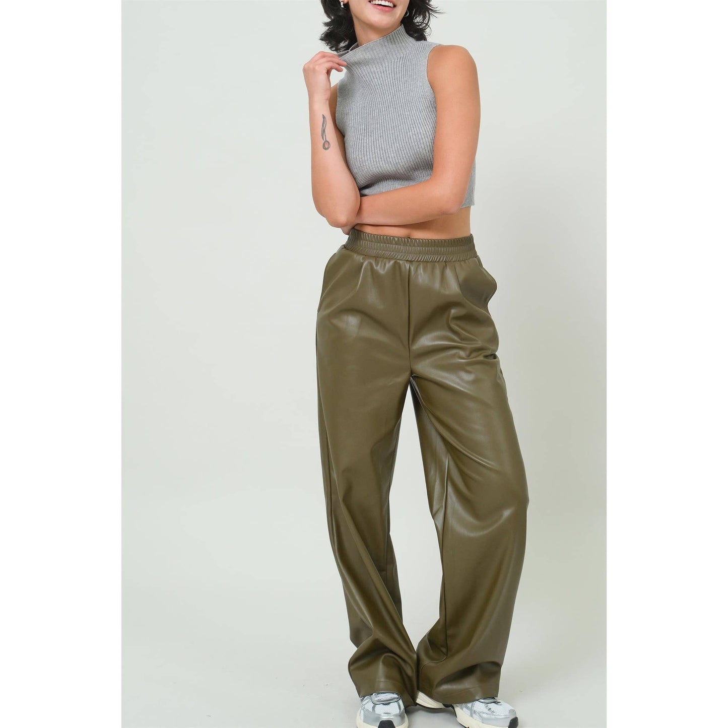 Olive Leather High Waist Pants