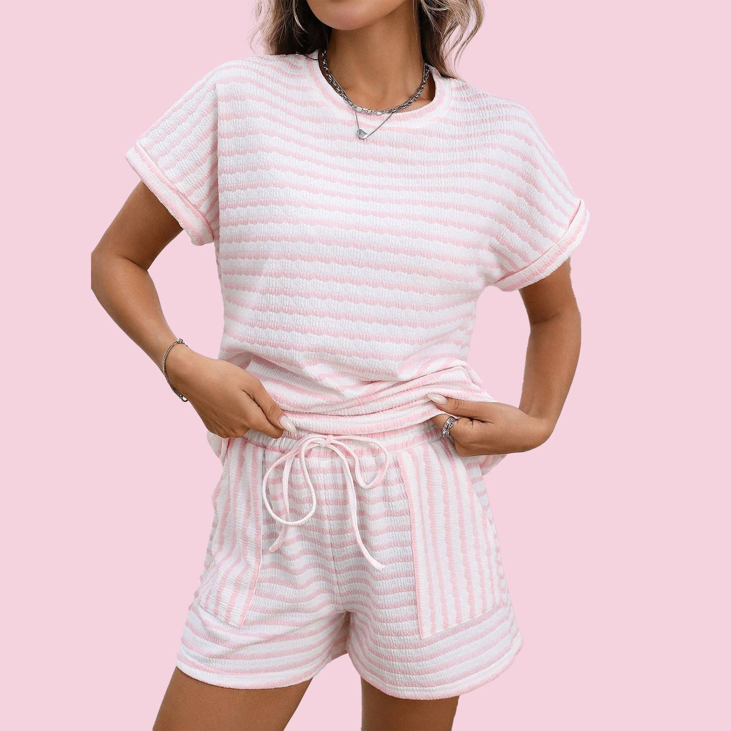 Stripe Knitted Short Sleeve Top and Drawstring Shorts Set