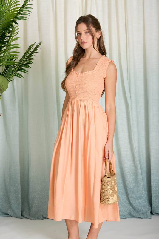 Sweetheart Smocked Button Midi Dress