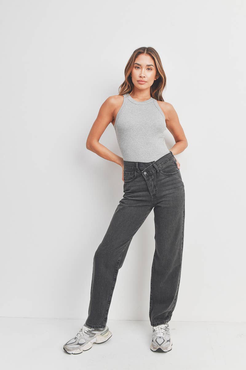 Washed Black High Rise Criss Cross Straight Leg Jeans