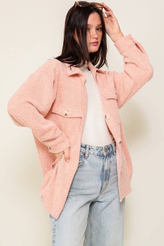 Long Sleeve Button Down Brushed Waffle Shacket