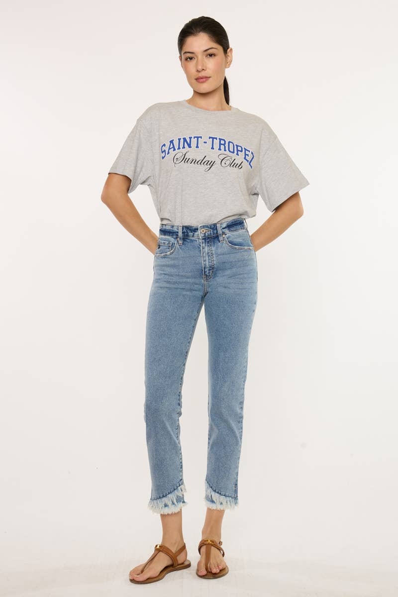Kan Can Medium Wash High Rise Straight Frayed Hem Jeans