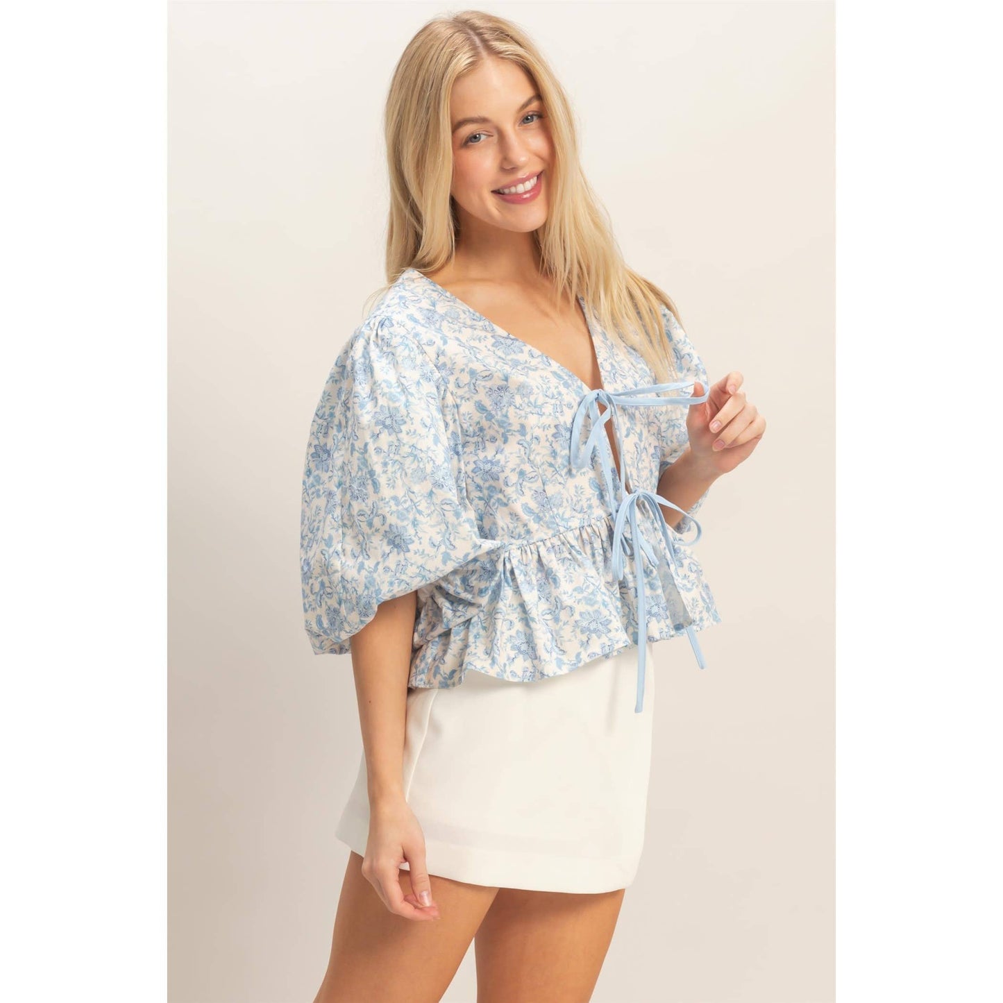 Blue Floral Tie-Front Peplum Top