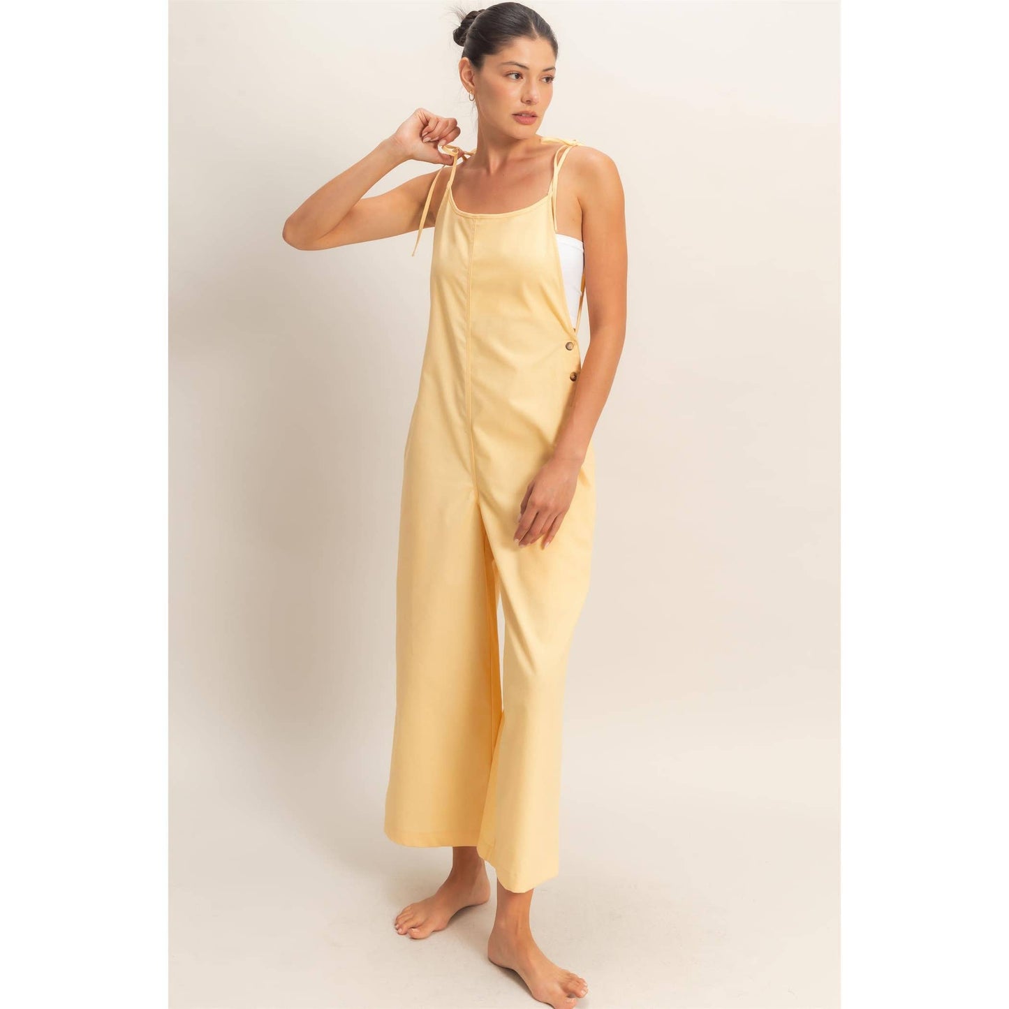 Butter Yellow Adjustable Button Strap Jumpsuit