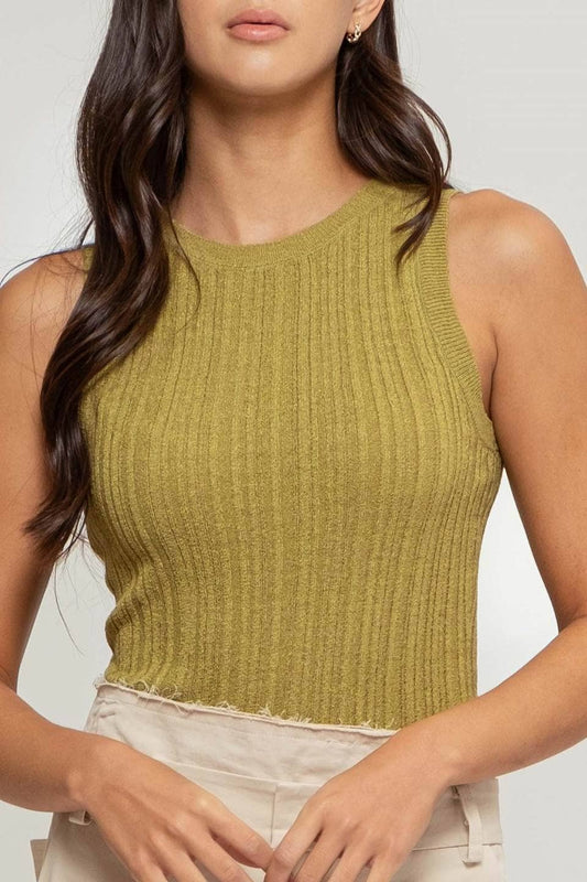 Sleeveless Round Neck Olive Top