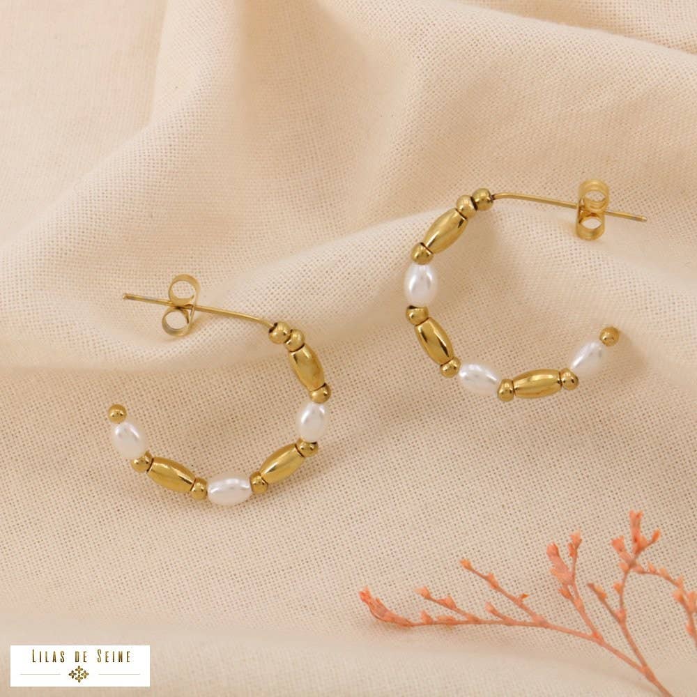 Gold Beaded Pearl Half-Hoop Earrings
