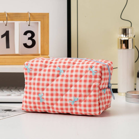 Quilted Cotton Bow Cosmetic Pouch