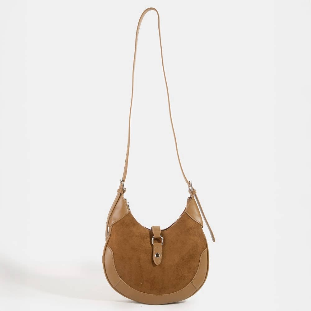 Leather Accent Suede Crescent Shoulder Bag