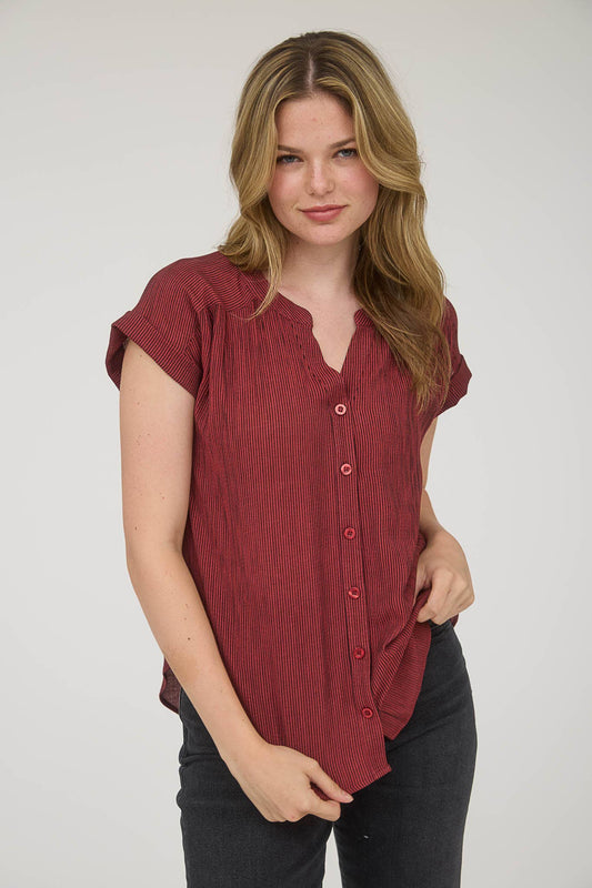 Burgundy V-Neck Button Down Top