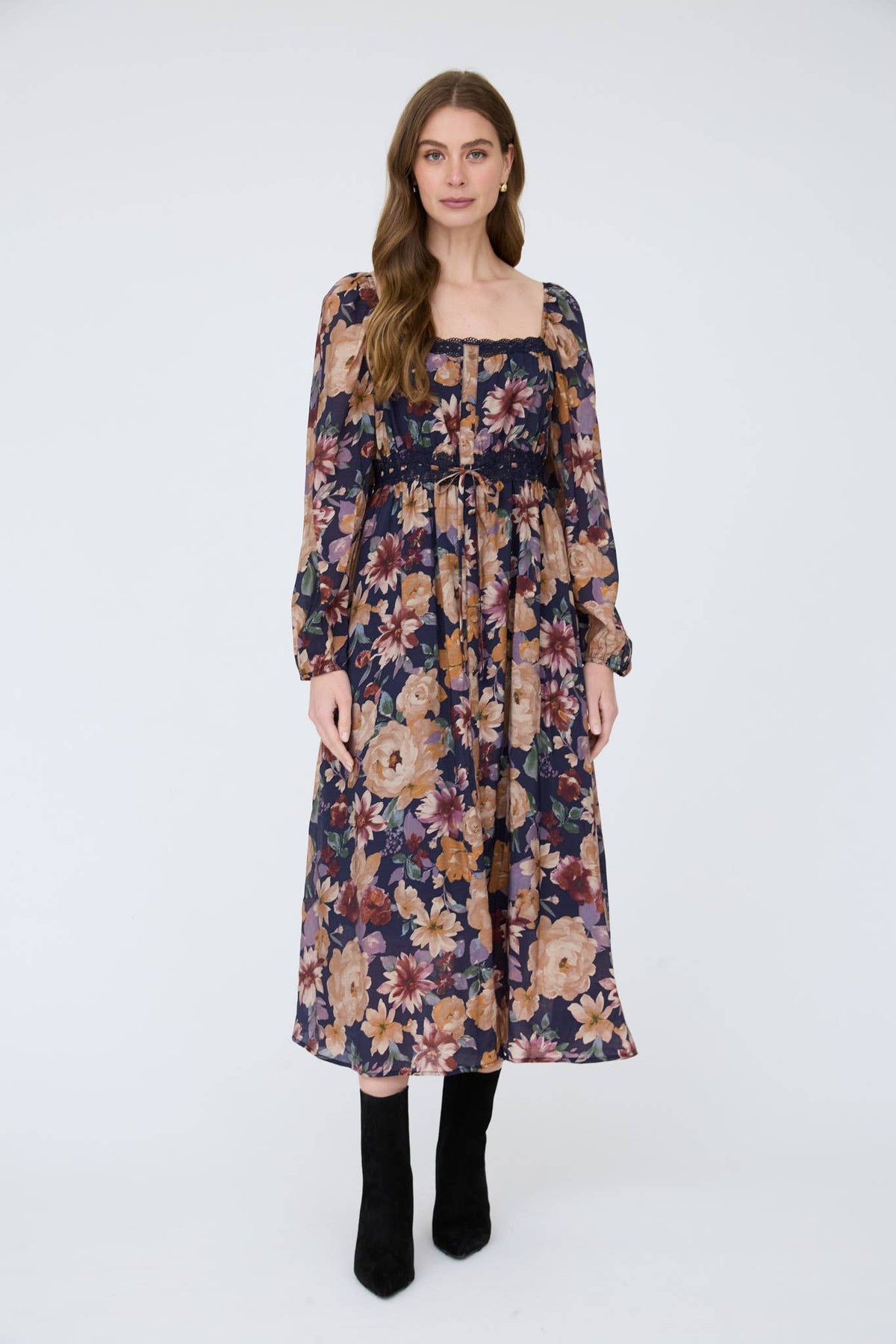 Floral Long Sleeve Lace Detail Dress