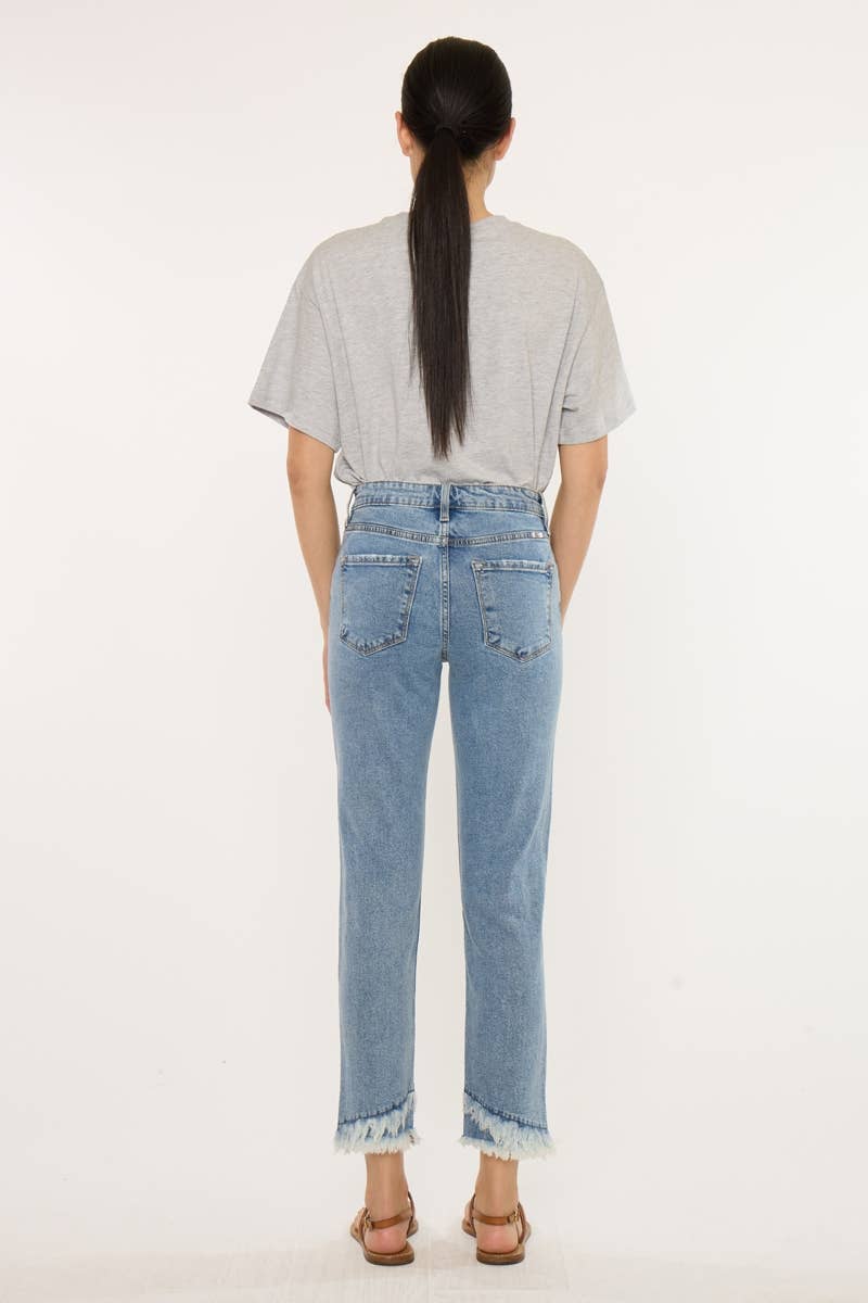 Kan Can Medium Wash High Rise Straight Frayed Hem Jeans