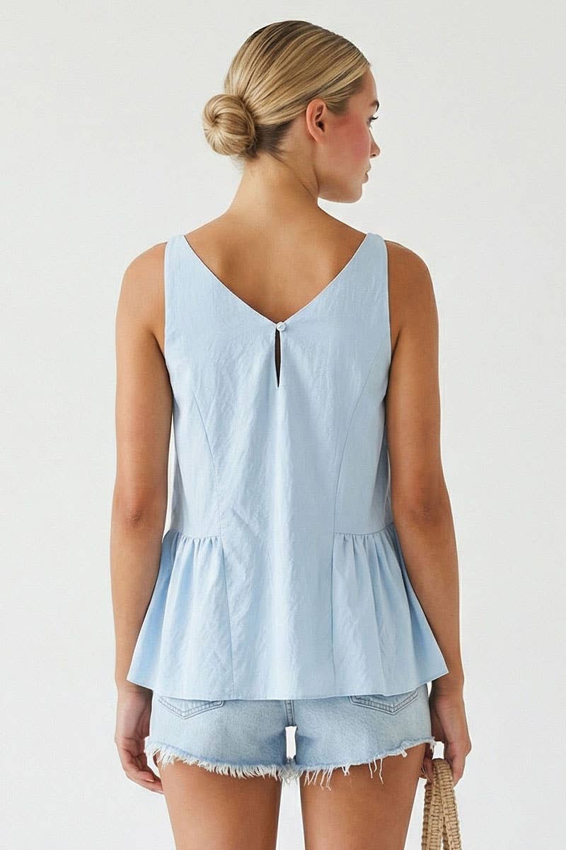 Light Blue Button Detail Ruffle Tank