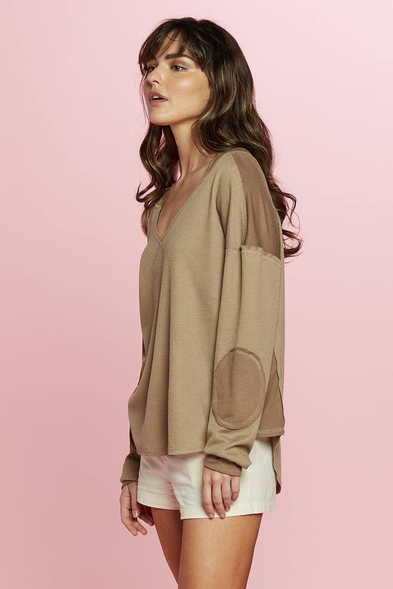 Elbow Patch Waffle Knit Long Sleeve Top