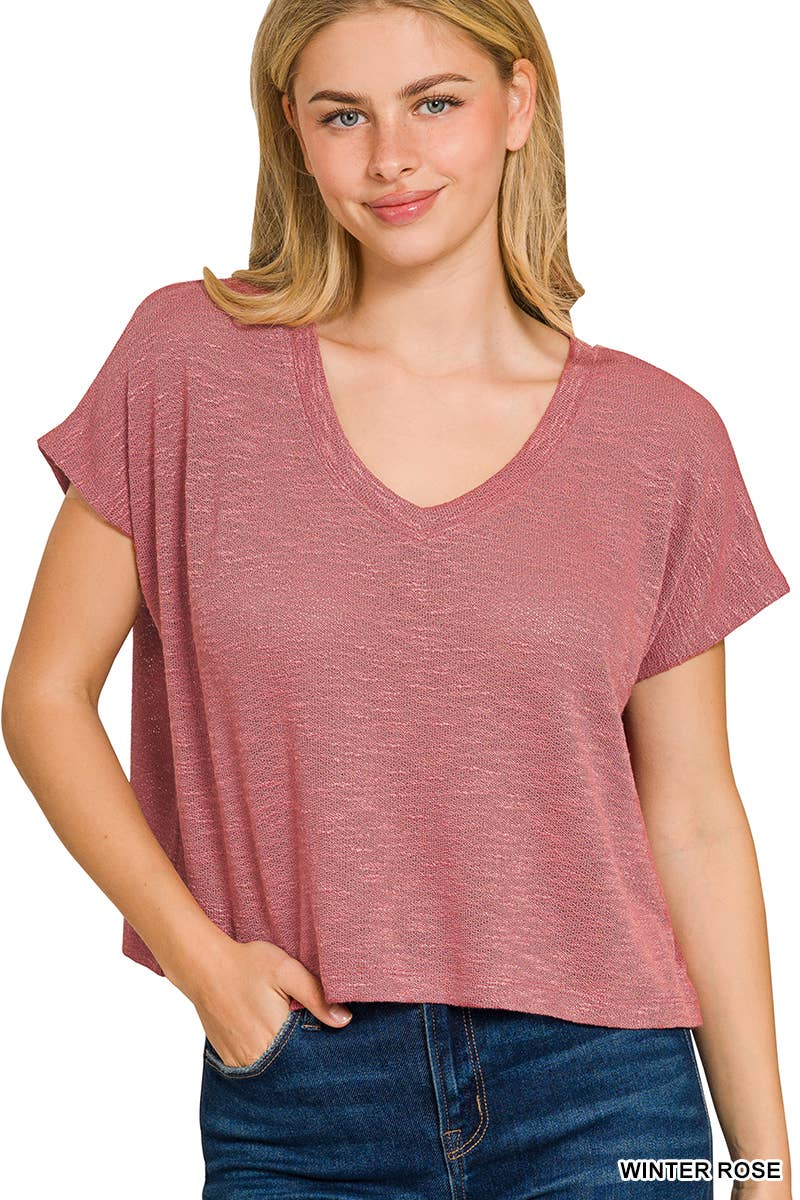 Rose V-Neck Drop Shoulder Hacci Top