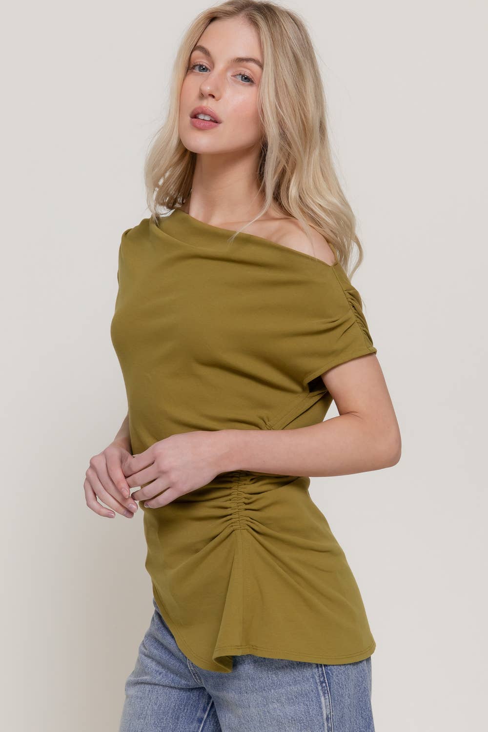 Off The Shoulder Ruched Asymmetric Hem Top