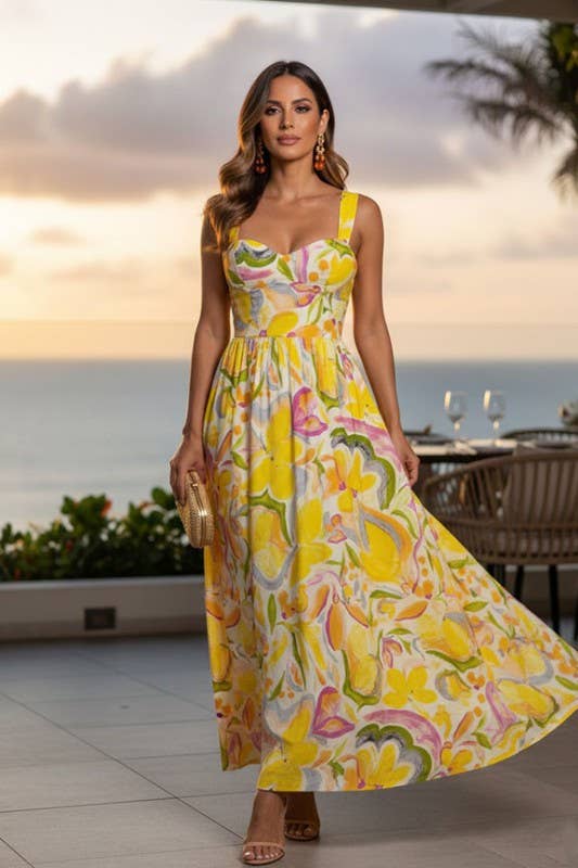 Yellow Floral Lace-Up Maxi Dress