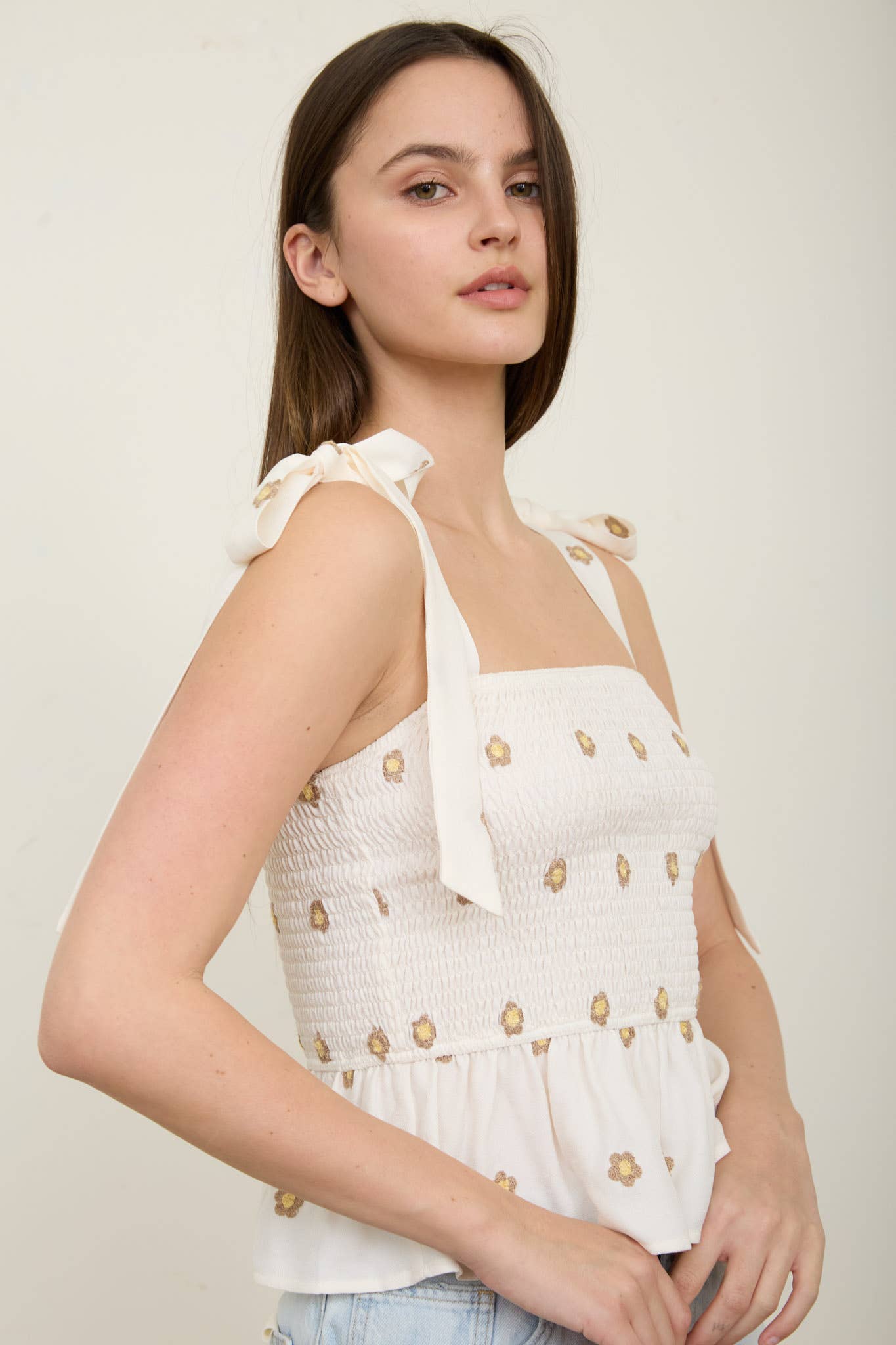 Daisy Embroidered Smocked Tie Strap Top