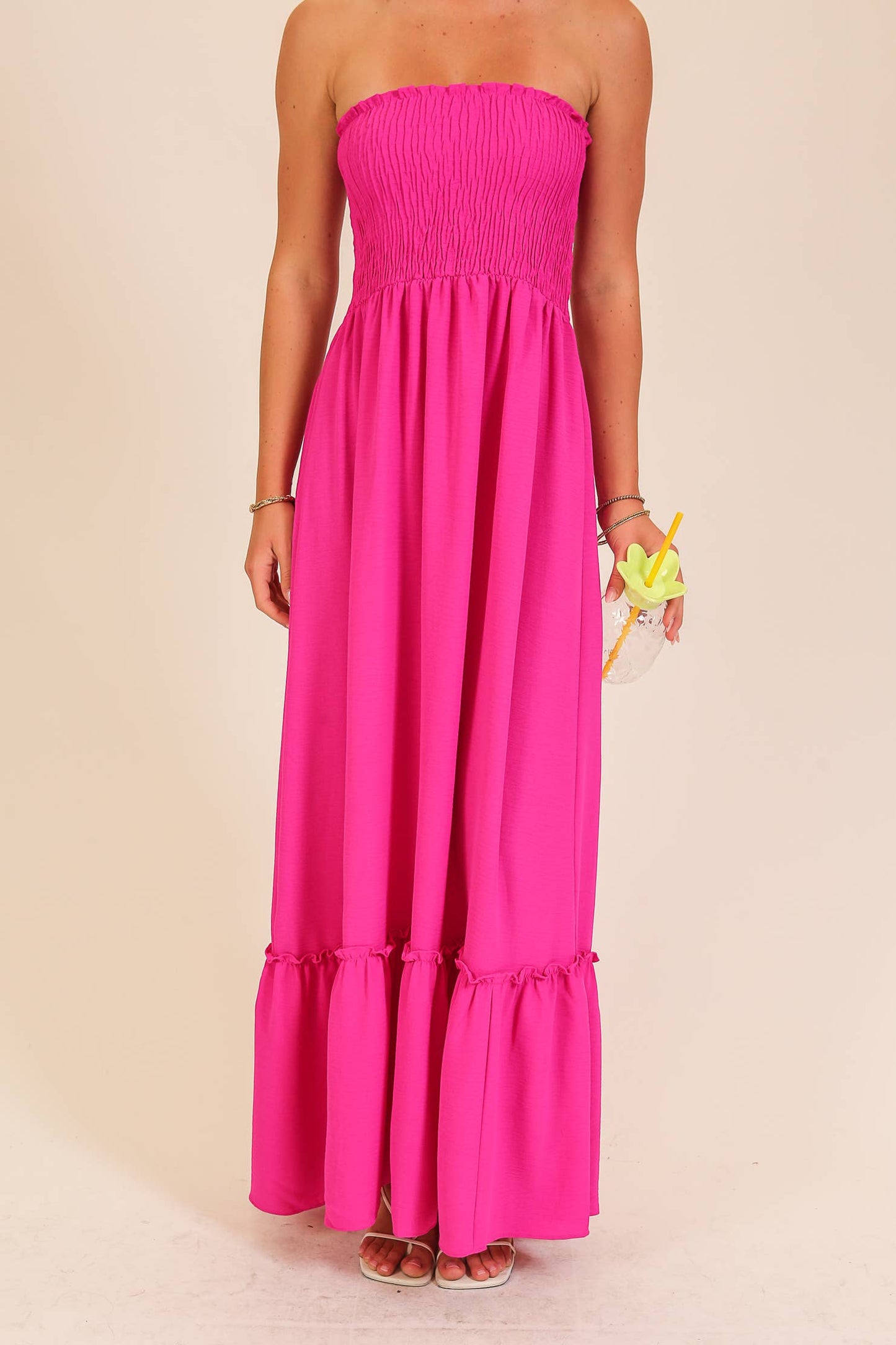Strapless Boho Smocked Top Maxi Dress