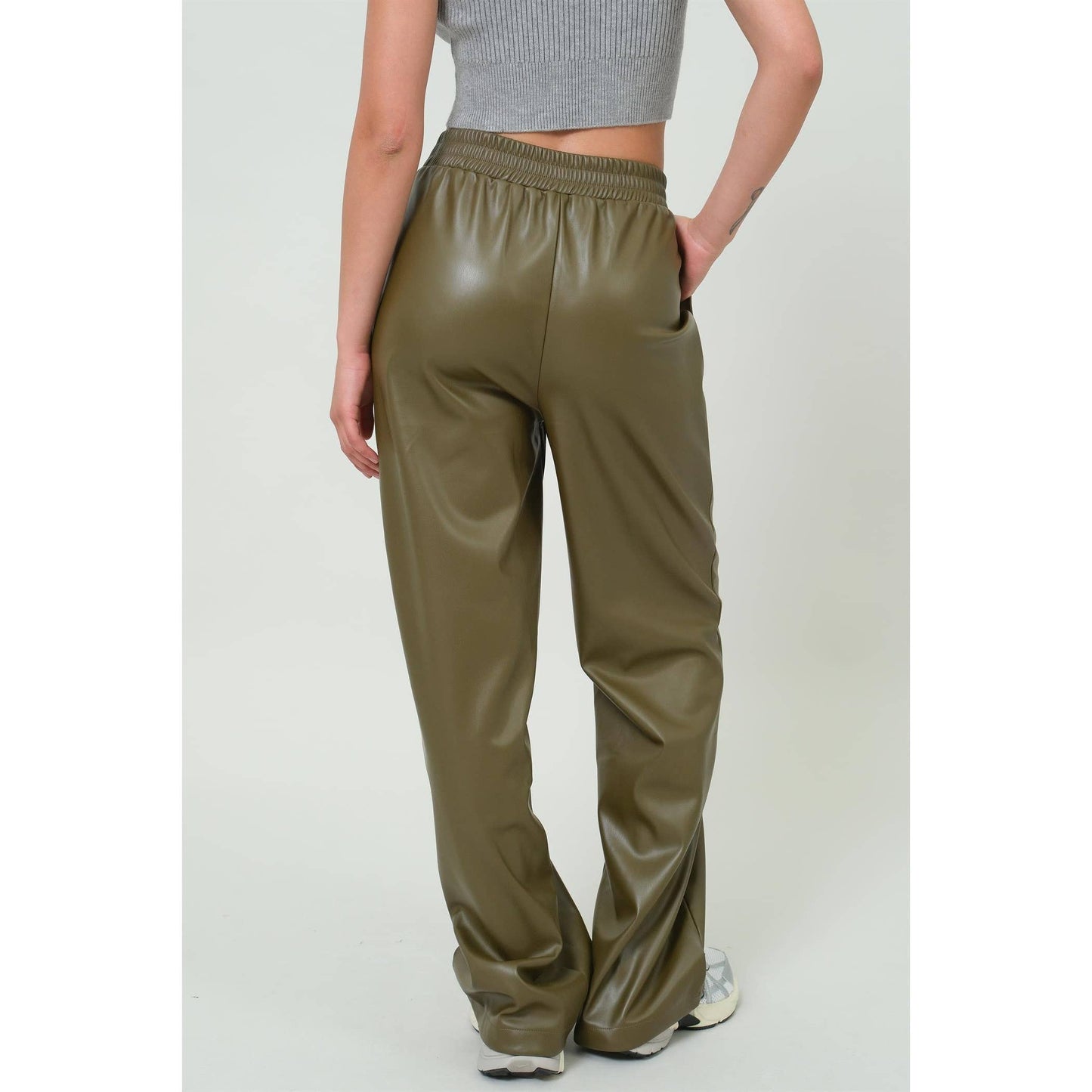 Olive Leather High Waist Pants