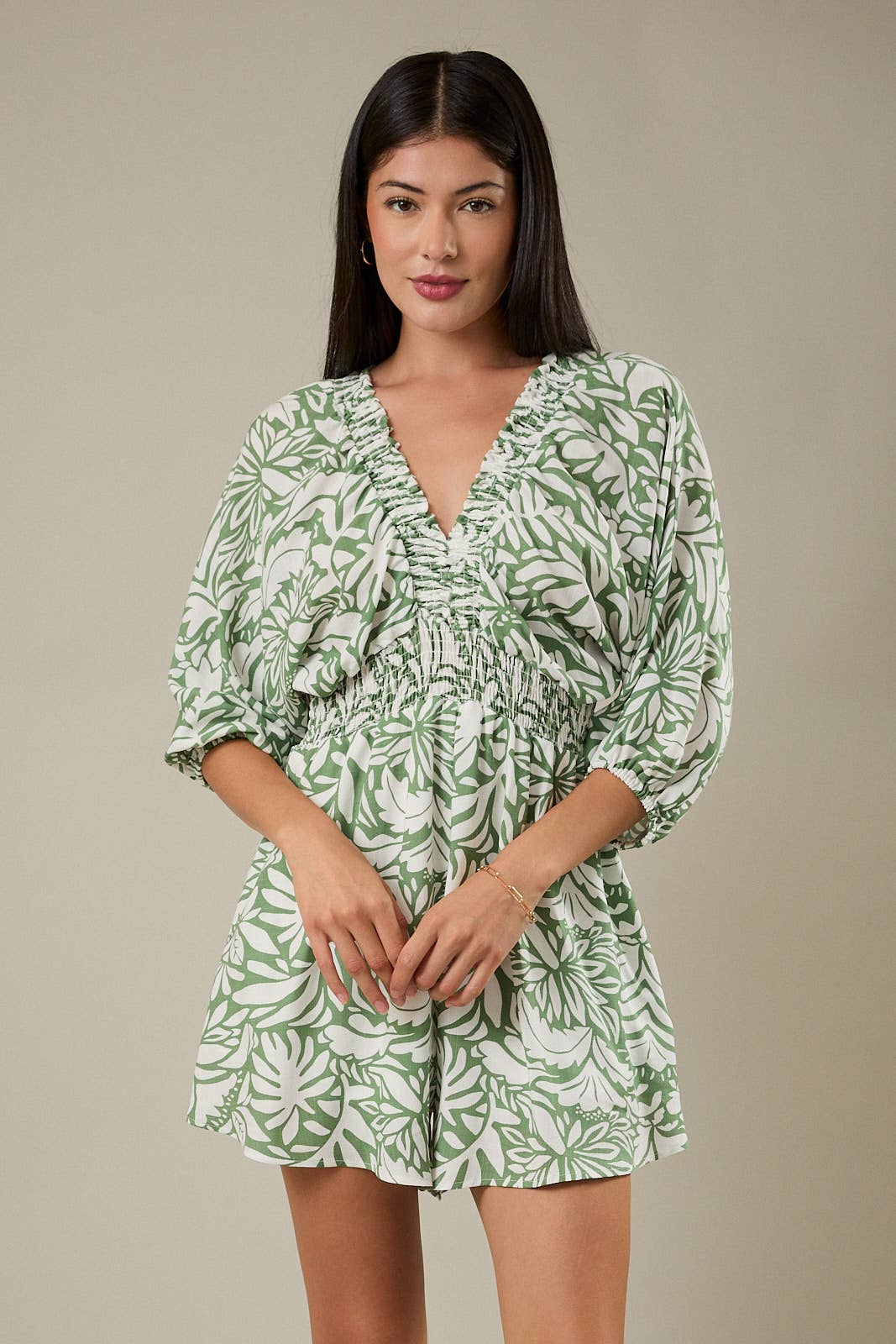V-Neck Kimono Sleeve Floral Leaf Romper