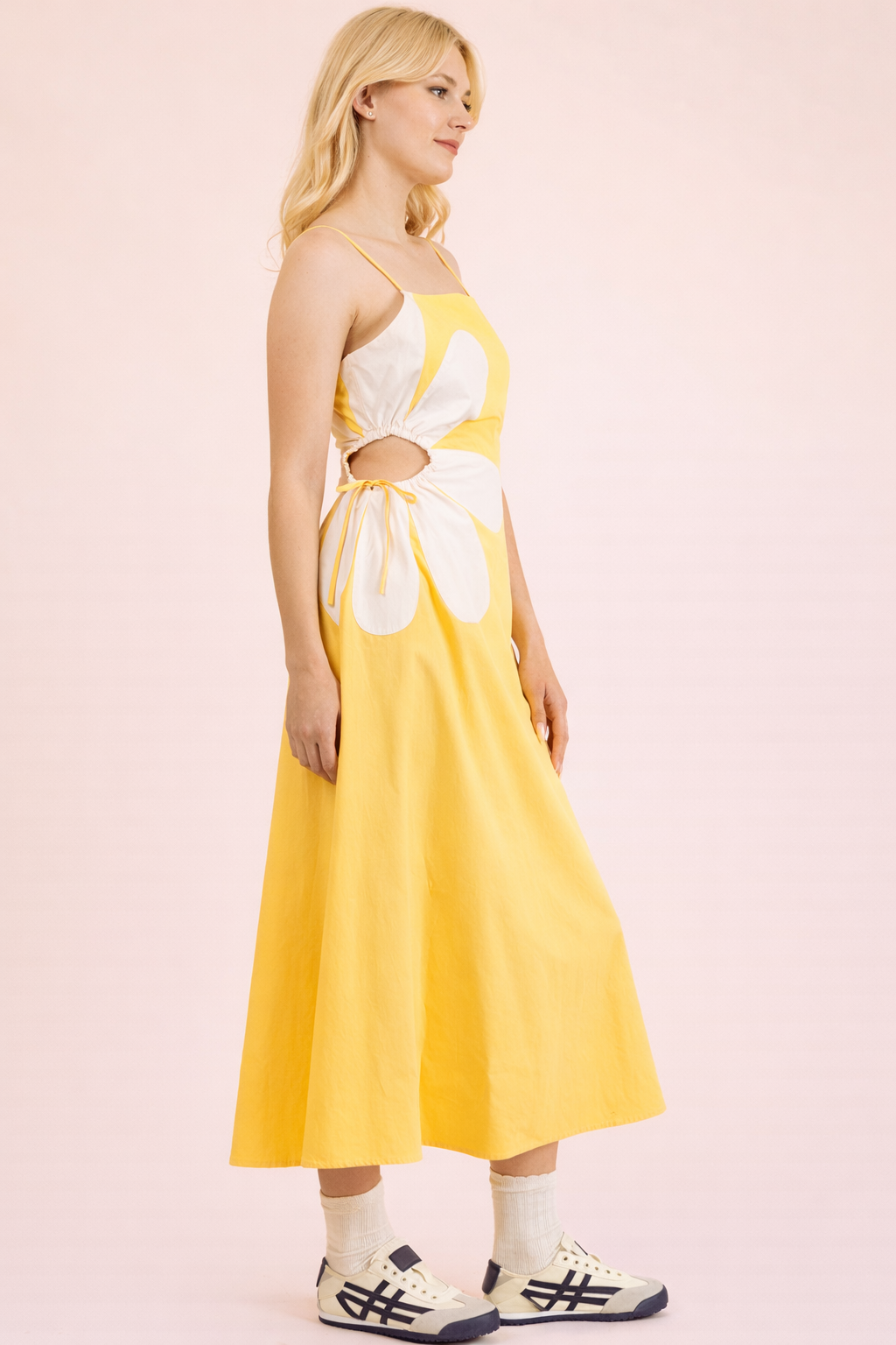 Yellow Side Cutout Floral Detail Midi Dress